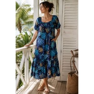 VIntage 90s Karyl Kaye Muumuu MIDI Dress L HAWAII COTTON PUFF‎ SLEEVE
